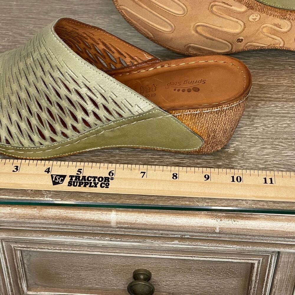 Spring Step Wedge Sandal Cunacena Moss Green Leather Lattice‎ Comfy Slip on - Picture 10 of 11
